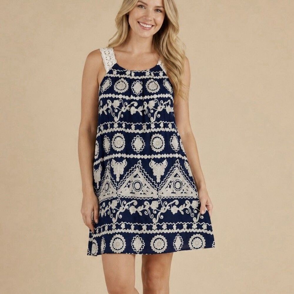 Charming Charlie Navy Boho Dress Small Crochet Lace Mini